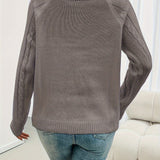 Taupe crewneck knit sweater, back view, with ribbed hem and long sleeves
