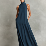 Schwarzes Damen-Maxikleid mit Stehkragen und Seitentaschen, zeitloses, minimalistisches Freizeitkleid