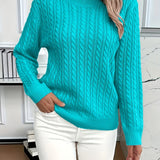 Relaxed cable-knit pullover, turquoise crew neck, long sleeves