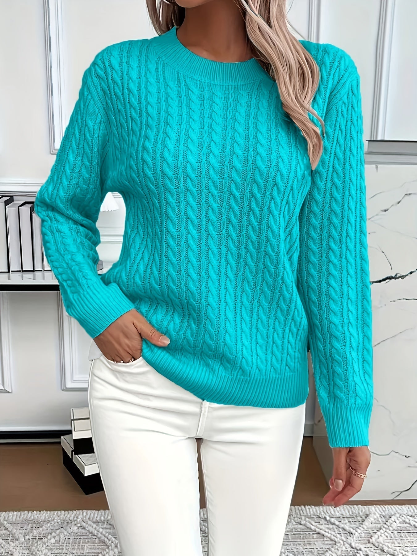 Relaxed cable-knit pullover, turquoise crew neck, long sleeves