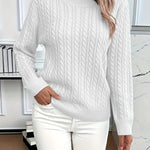 Relaxed cable-knit pullover, white crew neck, long sleeves