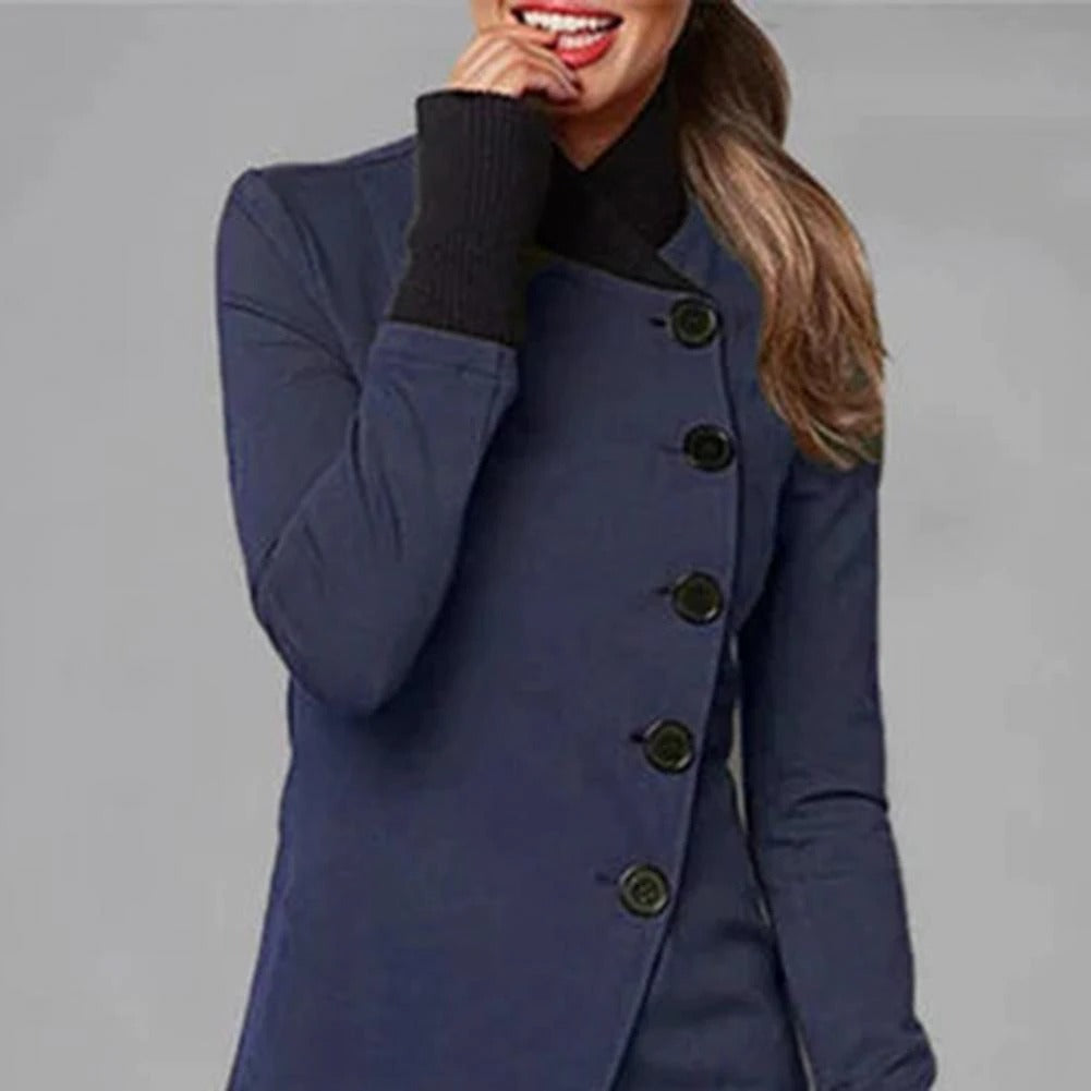 Dark navy long-sleeve stand-collar button jacket with four-button front