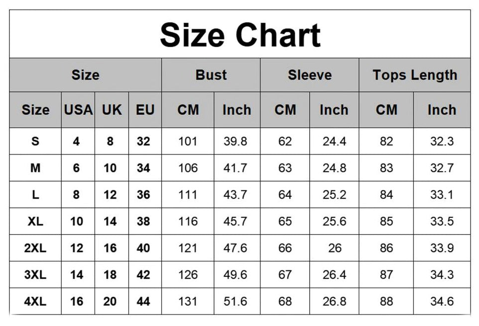 Size chart for a jacket with bust, sleeve, and top length measurements