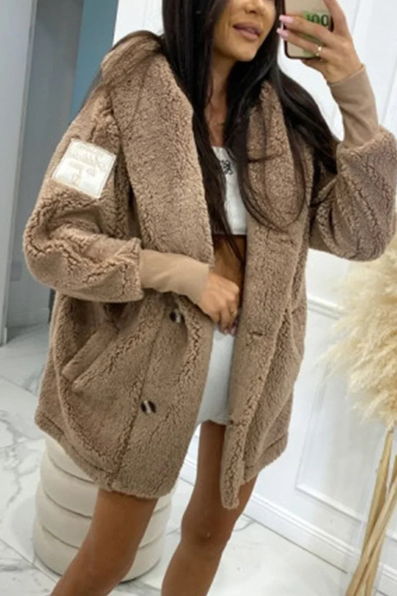 Plush hooded jacket, taupe-brown, long sleeves with front button closures