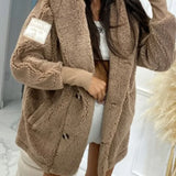 Plush hooded jacket, taupe-brown, long sleeves with front button closures