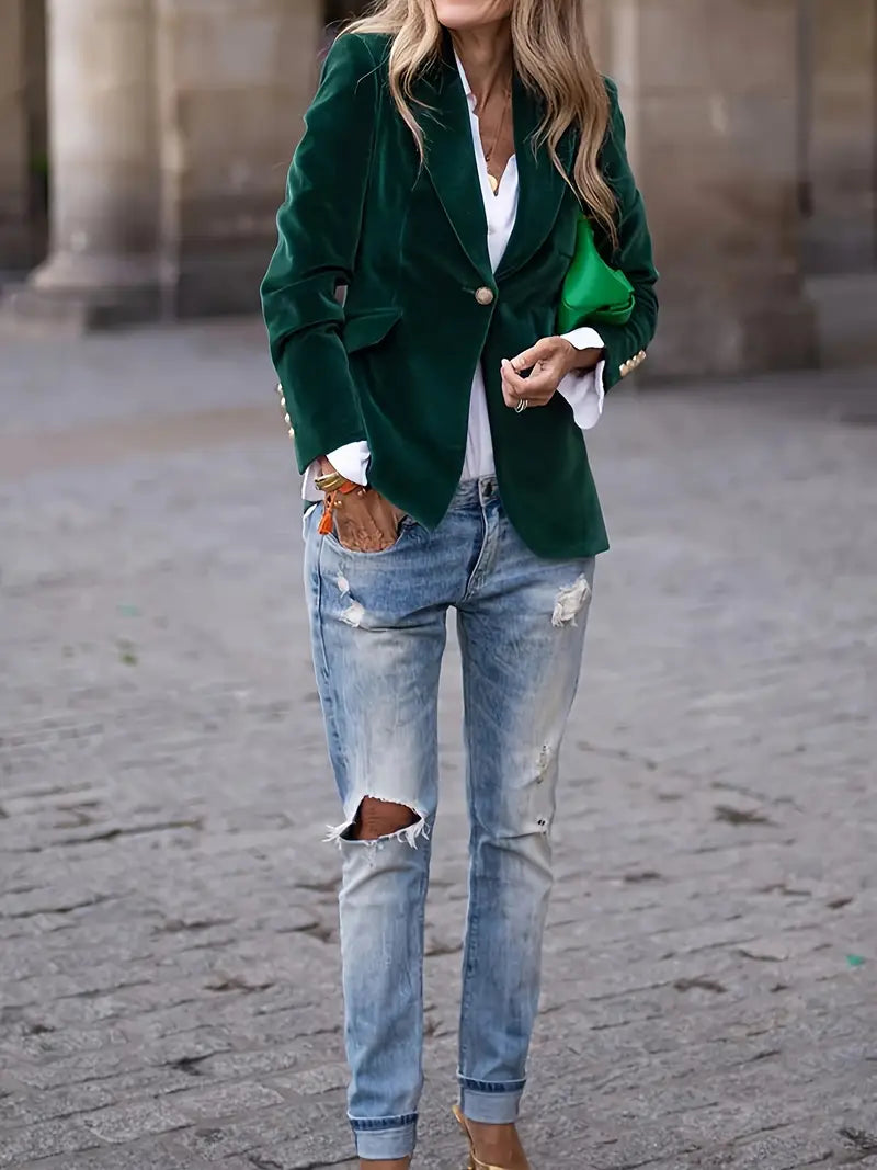 Green velvet blazer with notch lapels, gold button front, long sleeves, flap pockets