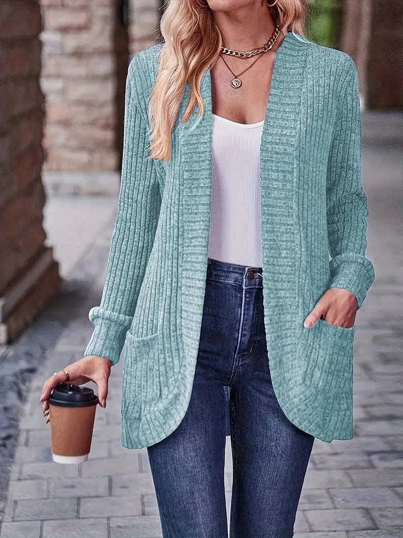 Ribbed knit cardigan with long sleeves, patch pockets, open front, teal blue