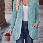 Ribbed knit cardigan with long sleeves, patch pockets, open front, teal blue
