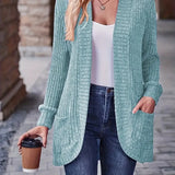 Ribbed knit cardigan with long sleeves, patch pockets, open front, teal blue