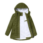Insulated winter jacket with hood, olive-green shell, plush fleece lining, front zipper