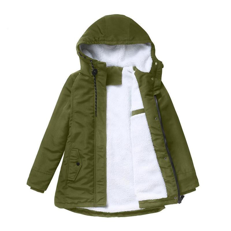 Insulated winter jacket with hood, olive-green shell, plush fleece lining, front zipper