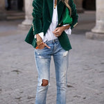 Dark green velvet blazer, notch lapels, single-breasted front with gold buttons, flap pockets