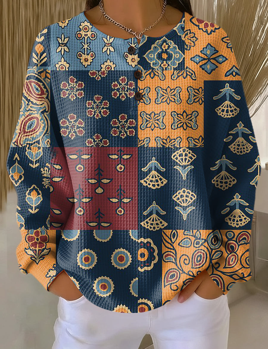 Multicolor ethnic-pattern pullover with floral motifs, long sleeves, round neckline