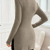 Ribbed knit turtleneck sweater dress, long sleeves, slim fit, olive taupe