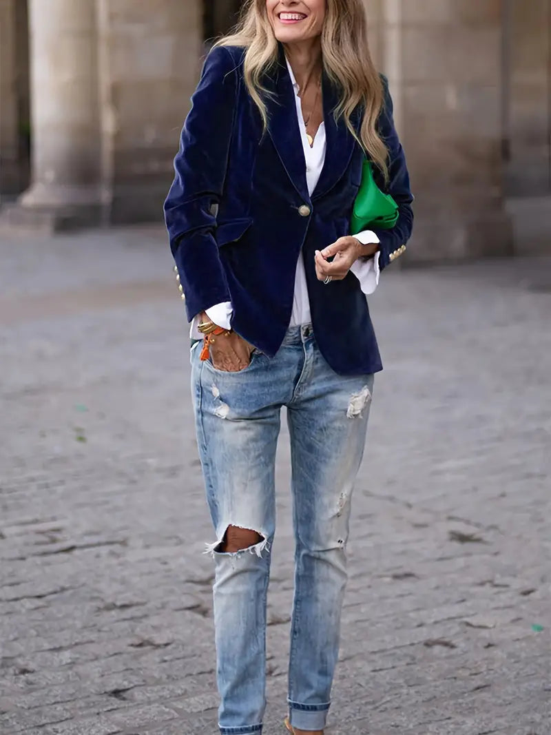 Julissa™ velvet blazer in dark blue, single-breasted notched lapel with gold button