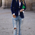 Julissa™ velvet blazer in dark blue, single-breasted notched lapel with gold button