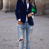 Julissa™ velvet blazer in dark blue, single-breasted notched lapel with gold button