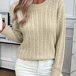 Relaxed cable-knit pullover, cream crew neck, long sleeves