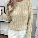 Relaxed cable-knit pullover, cream crew neck, long sleeves