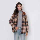 AMELIA™ plaid flannel hooded jacket in rust, tan, and dark checks, teddy collar lining.