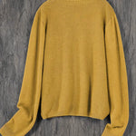Women’s round-neck cardigan with long sleeves, mustard yellow knit texture, cropped back view