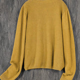 Women’s round-neck cardigan with long sleeves, mustard yellow knit texture, cropped back view