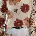 Floral knit pullover sweater in cream with red flower pattern, V-neck, crochet sleeves