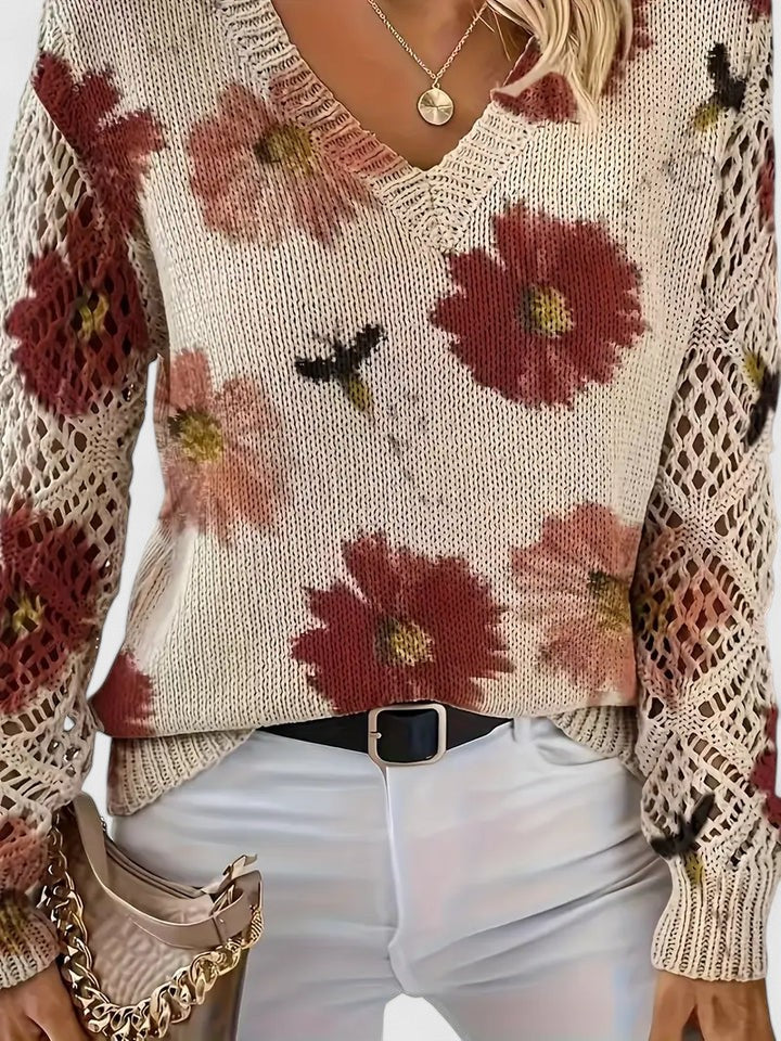 Floral knit pullover sweater in cream with red flower pattern, V-neck, crochet sleeves