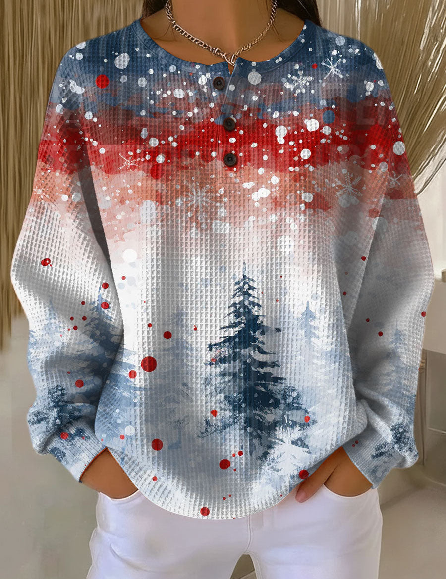 Christmas sweater with soft knit tree pattern, long sleeves, red and blue accents