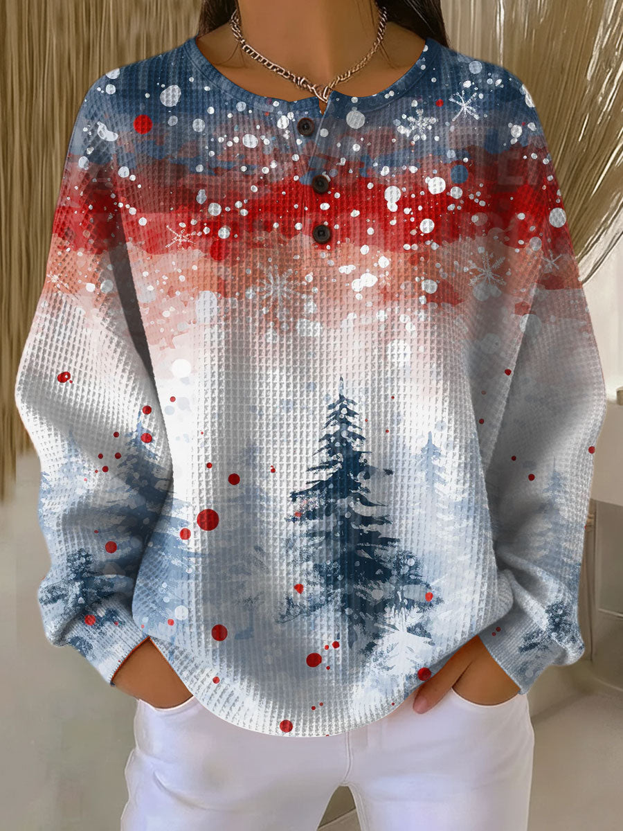 Christmas sweater with soft knit tree pattern, long sleeves, red and blue accents