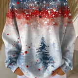 Christmas sweater with soft knit tree pattern, long sleeves, red and blue accents