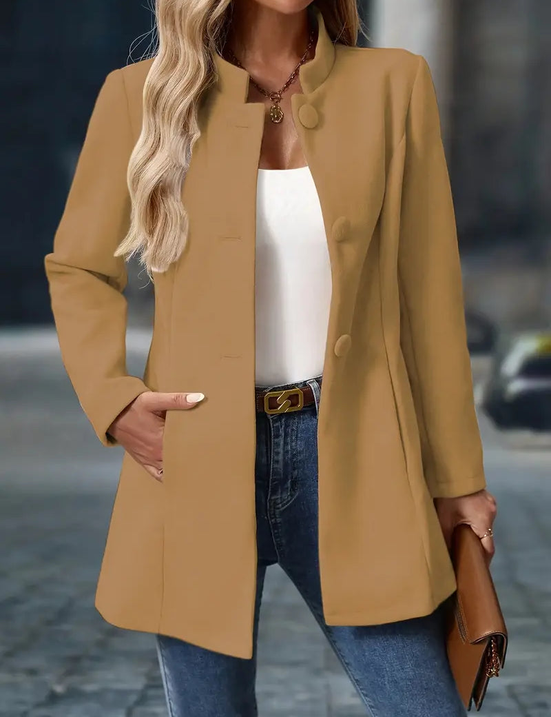 Camel elegant blazer jacket with notch lapel, button front, long sleeves and pockets