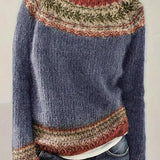 Womens knit pullover with crew neck, long sleeves, multicolor patterned yoke and hem trim