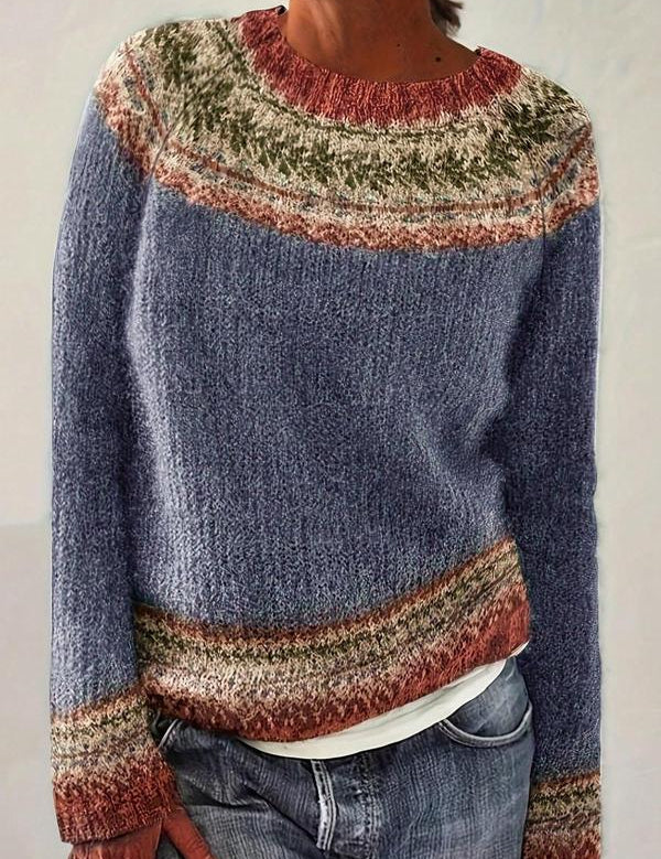 Womens knit pullover with crew neck, long sleeves, multicolor patterned yoke and hem trim