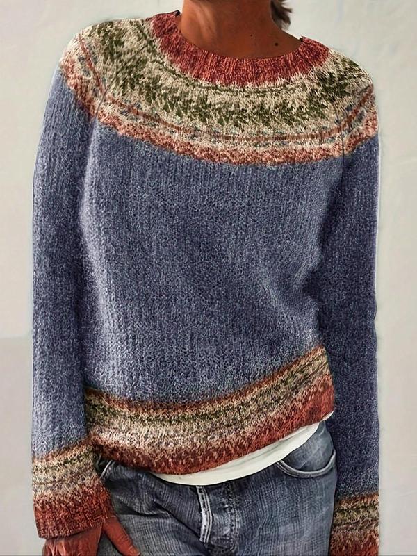 Womens knit pullover with crew neck, long sleeves, multicolor patterned yoke and hem trim