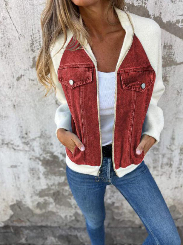 Madison™ cotton zipper jacket, red denim front with cream contrast sleeves