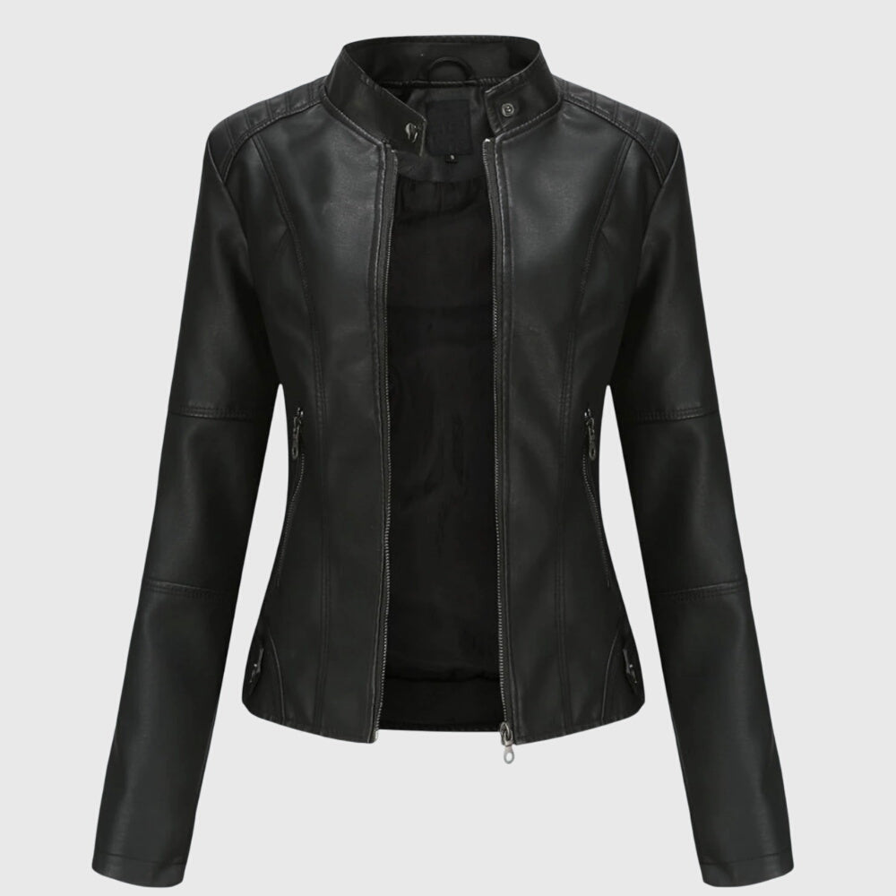 Women's black leather zip jacket with stand collar and side zipper details