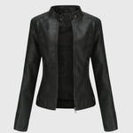 Women's black leather zip jacket with stand collar and side zipper details