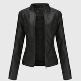 Women's black leather zip jacket with stand collar and side zipper details