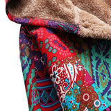 Remi™ patchwork jacket close-up with beige sherpa lining and colorful floral patterns