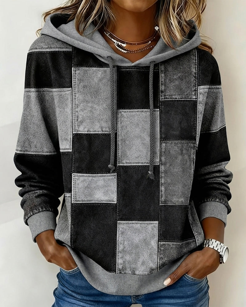 Gray patchwork long-sleeve hoodie with hood and drawstring, front square panels