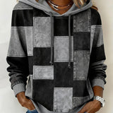Gray patchwork long-sleeve hoodie with hood and drawstring, front square panels