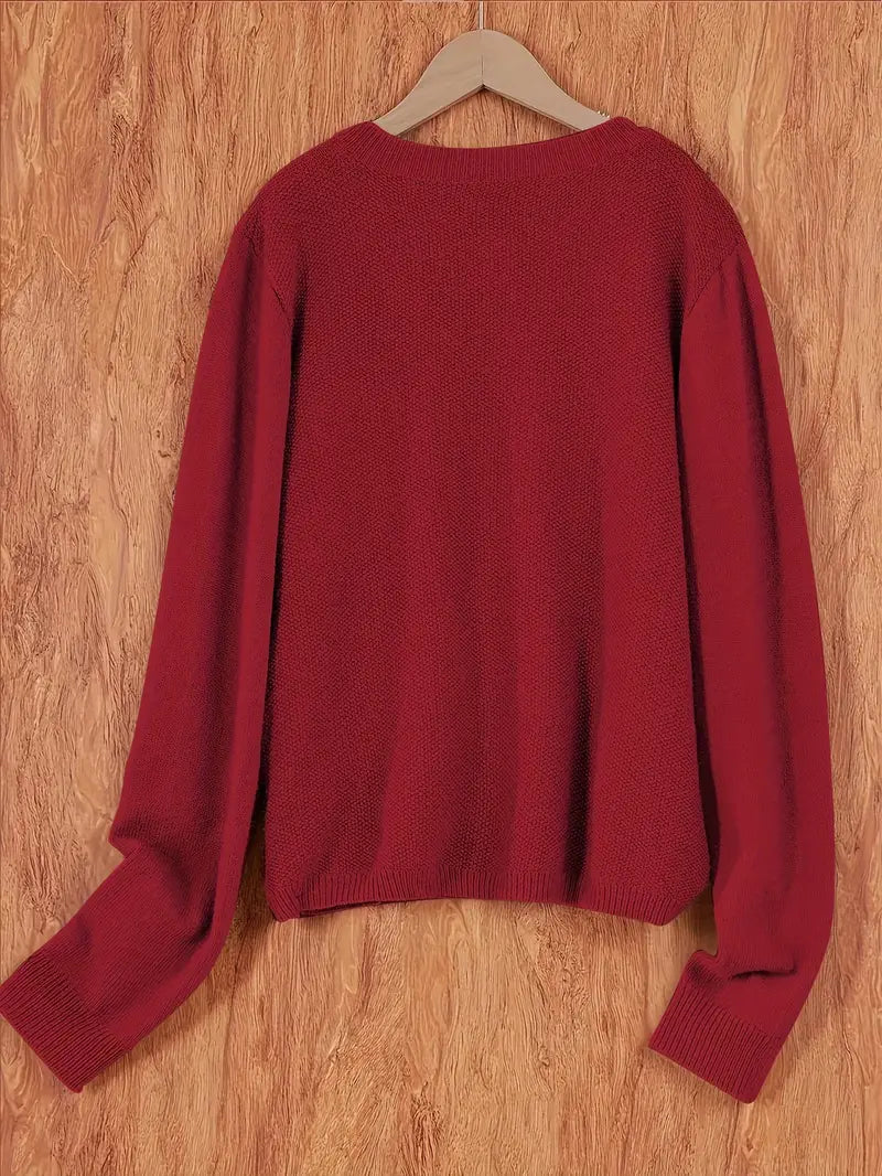 Women’s round-neck cardigan with long sleeves, deep red knit texture, cropped back view