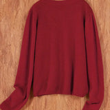 Women’s round-neck cardigan with long sleeves, deep red knit texture, cropped back view