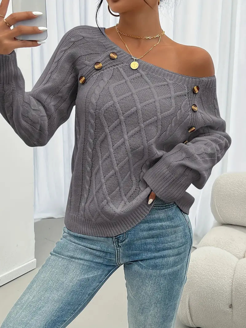 Cable-knit long-sleeve sweater, dark gray, one-shoulder drape with gold button at neckline