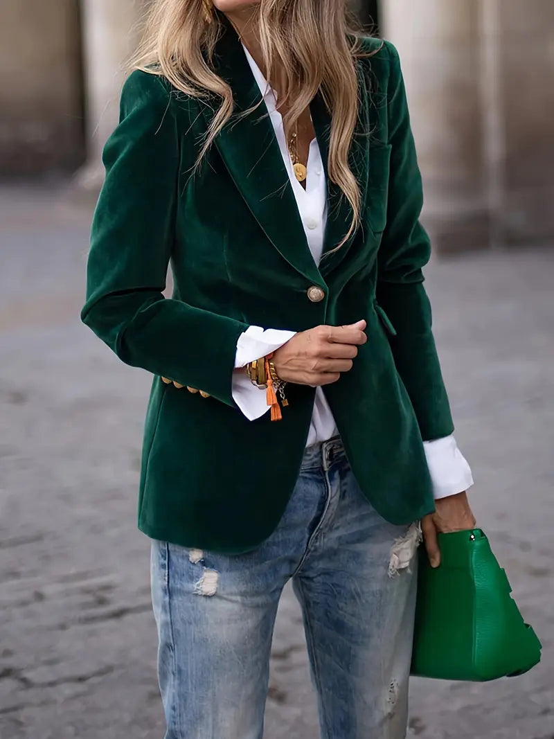 Julissa™ velvet blazer in green, single-breasted notched lapel with gold button