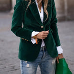 Julissa™ velvet blazer in green, single-breasted notched lapel with gold button