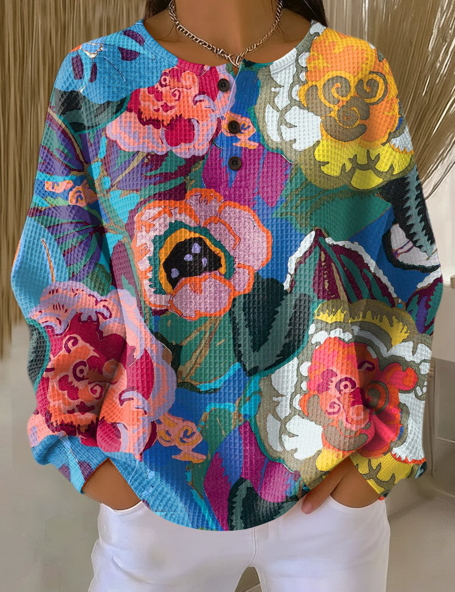 Multicolor floral pullover sweater, long sleeves, buttoned crew neckline