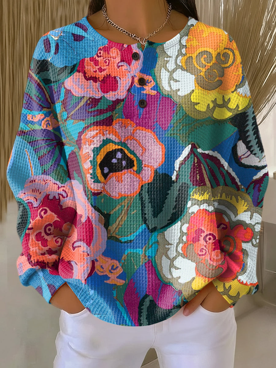 Multicolor floral pullover sweater, long sleeves, buttoned crew neckline