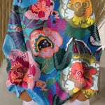 Multicolor floral pullover sweater, long sleeves, buttoned crew neckline